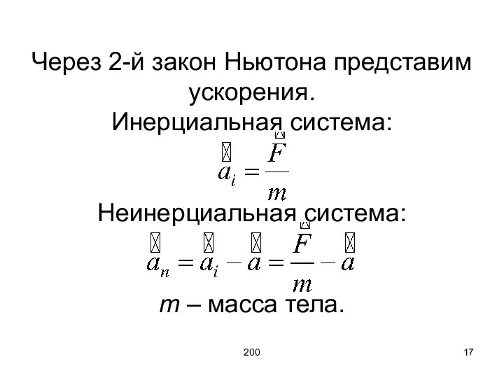 200 Через 2-й закон Ньютона представим ускорения. Инерциальная система: Неинерциальная система: m – масса тела.