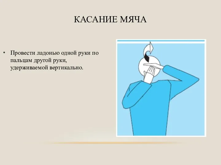 Провести ладонью одной руки по пальцам другой руки, удерживаемой вертикально. КАСАНИЕ МЯЧА