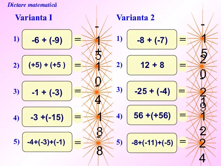 -18 Dictare matematică Varianta I Varianta 2 -15 +10 -4 -8 -24 20 -29 112 -15