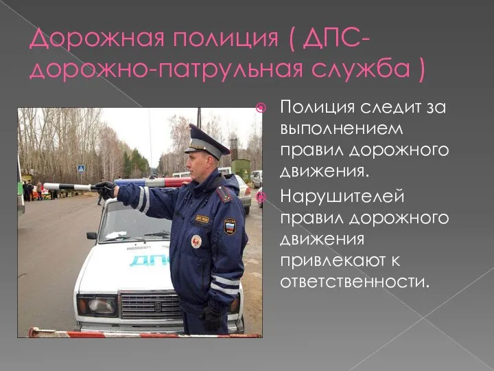 Дорожная полиция ( ДПС-дорожно-патрульная служба ) Полиция следит за выполнением правил