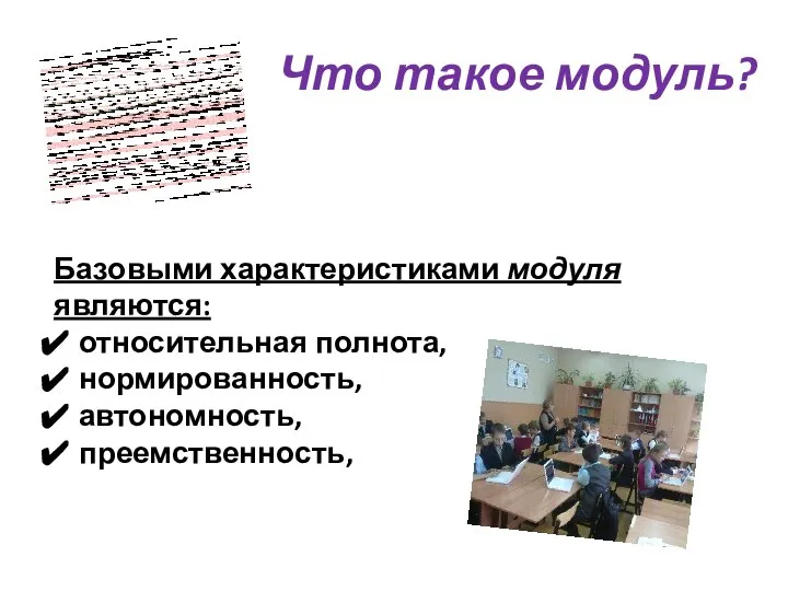 Что такое модуль? Базовыми характеристиками модуля являются: относительная полнота, нормированность, автономность, преемственность,