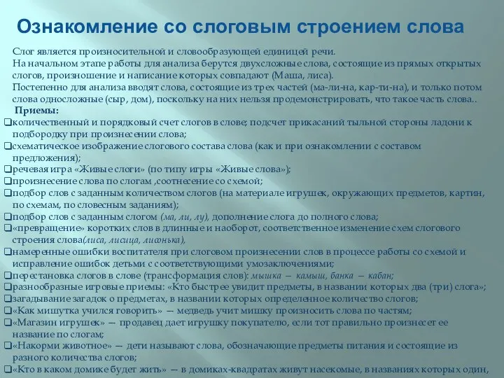 Ознакомление со слоговым строением слова Слог является произносительной и словообразующей единицей