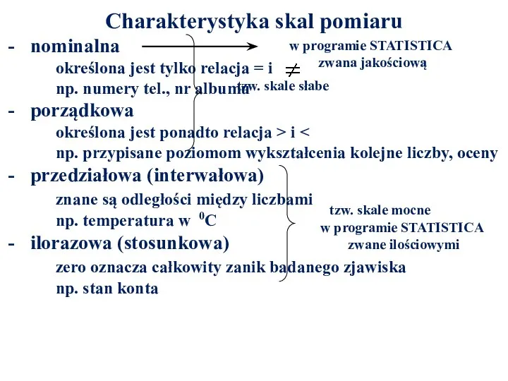 Charakterystyka skal pomiaru nominalna określona jest tylko relacja = i np.