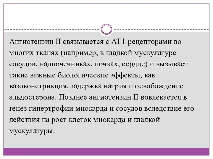 Ангиотензин II связывается с АТ1-рецепторами во многих тканях (например, в гладкой