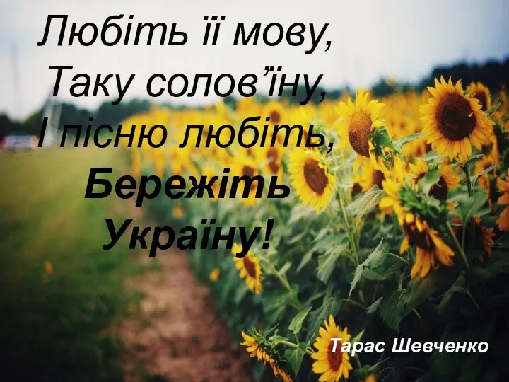 Любіть її мову, Таку солов’їну, І пісню любіть, Бережіть Україну! Тарас Шевченко