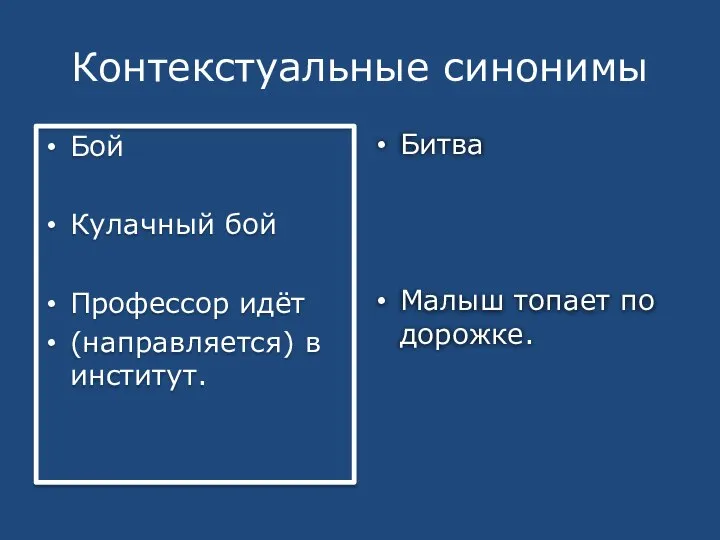 Контекстуальные синонимы Бой Кулачный бой Профессор идёт (направляется) в институт. Битва Малыш топает по дорожке.