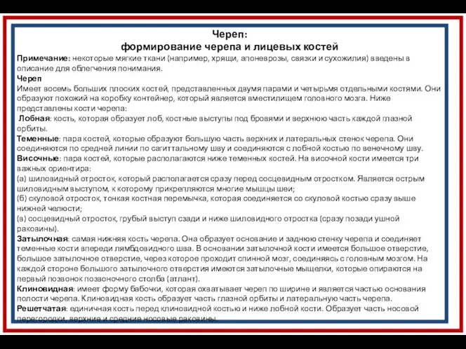 Череп: формирование черепа и лицевых костей Примечание: некоторые мягкие ткани (например,