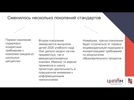 Сменилось несколько поколений стандартов Второе поколение завершается выпуском детей 2020 учебного