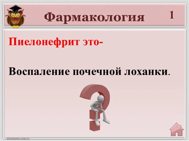 Фармакология 1 Воспаление почечной лоханки. Пиелонефрит это-