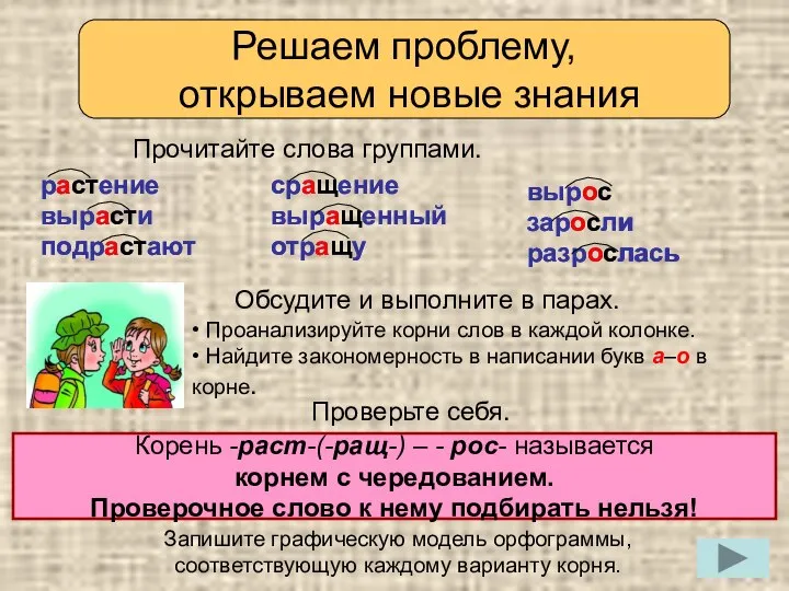 • Проанализируйте корни слов в каждой колонке. • Найдите закономерность в