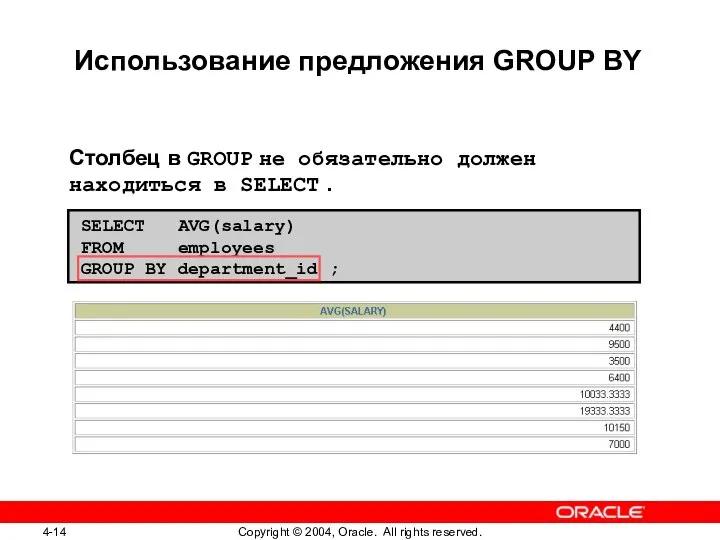 Использование предложения GROUP BY Столбец в GROUP не обязательно должен находиться