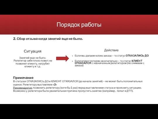 Порядок работы Ситуация Занятий еще не было. Репетитор себя плохо повел: