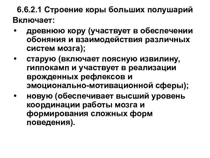 6.6.2.1 Строение коры больших полушарий Включает: древнюю кору (участвует в обеспечении