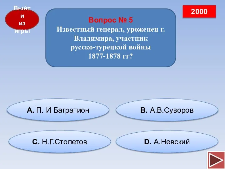 Выйти из игры 2000 Вопрос № 5 Известный генерал, уроженец г.