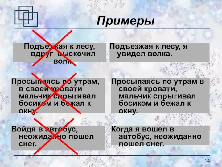 Примеры Подъезжая к лесу, я увидел волка. Просыпаясь по утрам, в