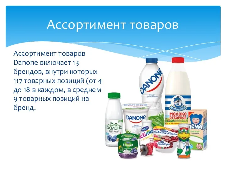 Ассортимент товаров Danone включает 13 брендов, внутри которых 117 товарных позиций