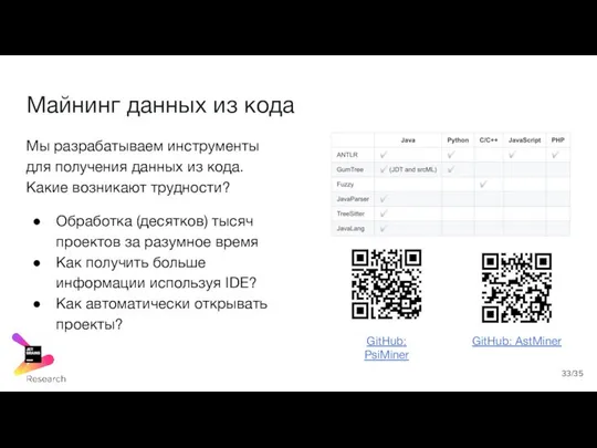 Майнинг данных из кода Мы разрабатываем инструменты для получения данных из