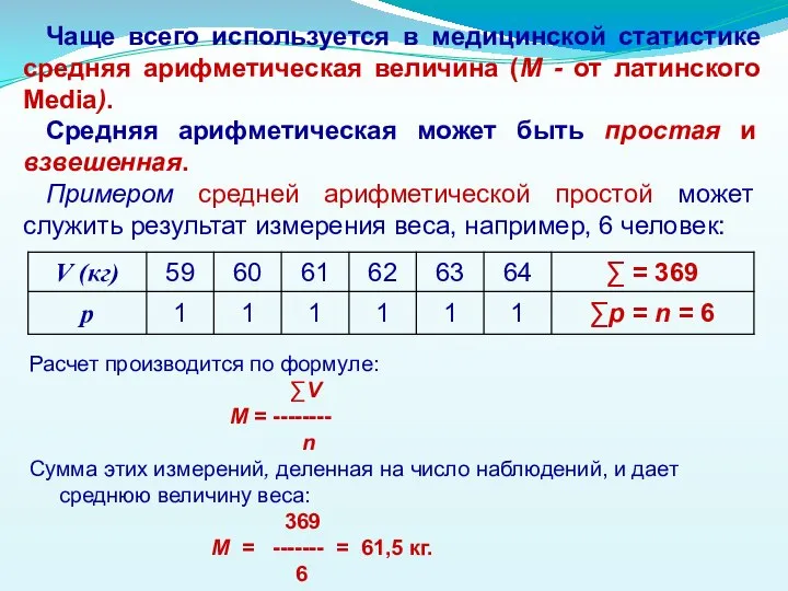 Чаще всего используется в медицинской статистике средняя арифметическая величина (М -