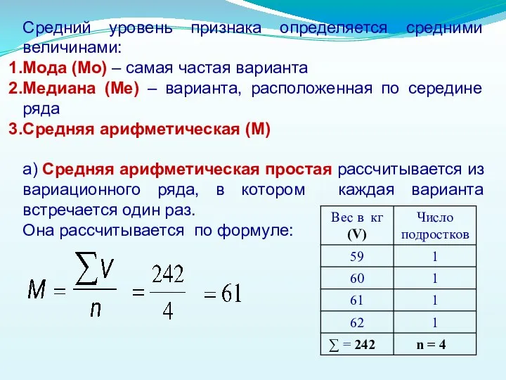 Средний уровень признака определяется средними величинами: Мода (Мо) – самая частая