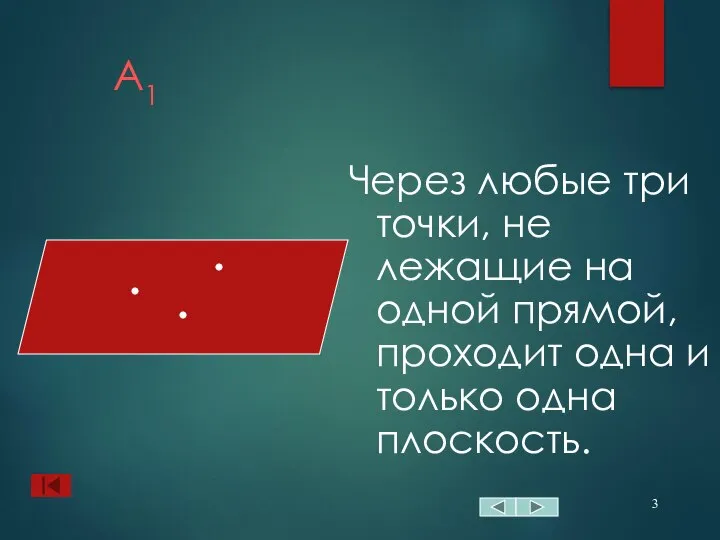 А1 Через любые три точки, не лежащие на одной прямой, проходит одна и только одна плоскость.