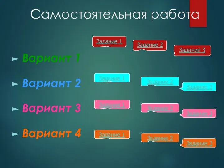 Самостоятельная работа Вариант 1 Вариант 2 Вариант 3 Вариант 4 Задание