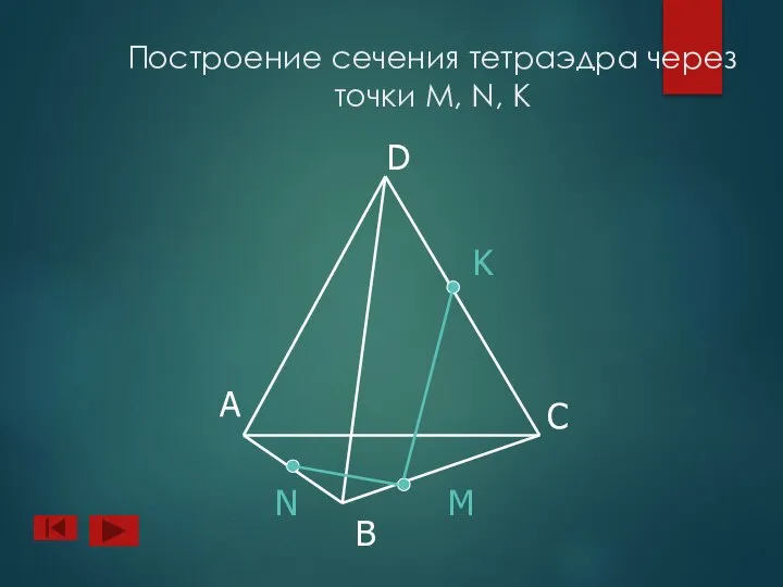 Построение сечения тетраэдра через точки M, N, K А B D C N M K