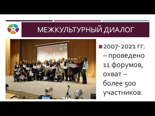 МЕЖКУЛЬТУРНЫЙ ДИАЛОГ 2007-2021 гг. – проведено 11 форумов, охват – более 500 участников.