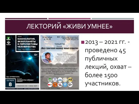 ЛЕКТОРИЙ «ЖИВИ УМНЕЕ» 2013 – 2021 гг. - проведено 45 публичных