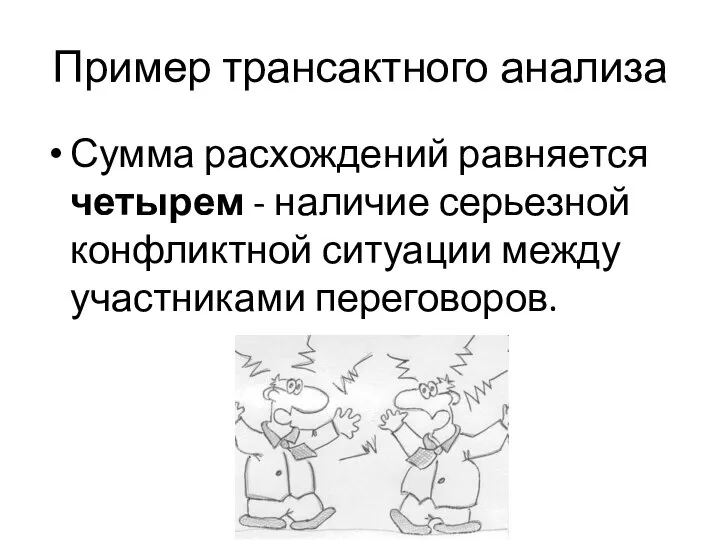 Пример трансактного анализа Сумма расхождений равняется четырем - наличие серьезной конфликтной ситуации между участниками переговоров.