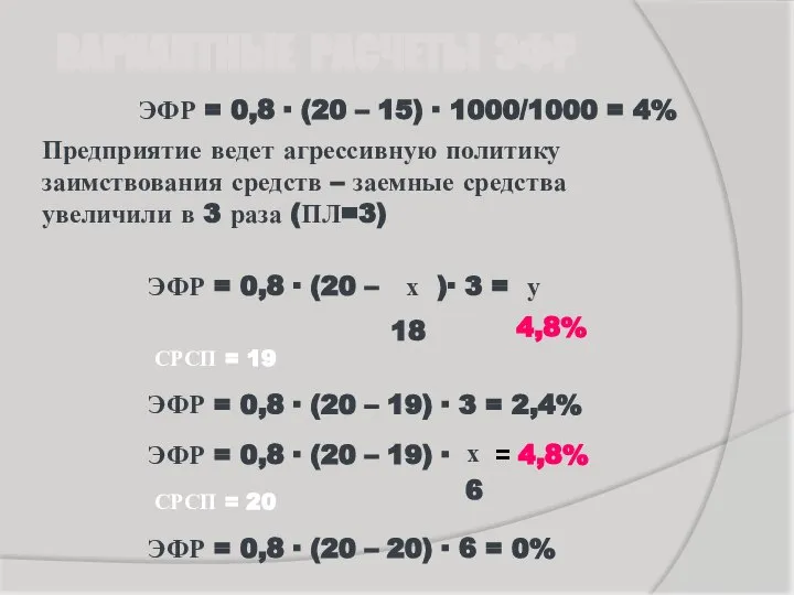 ВАРИАНТНЫЕ РАСЧЕТЫ ЭФР ЭФР = 0,8 ∙ (20 – 15) ∙