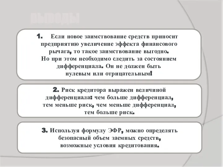 ВЫВОДЫ Если новое заимствование средств приносит предприятию увеличение эффекта финансового рычага,