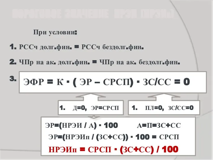 ПОРОГОВОЕ ЗНАЧЕНИЕ НРЭИ (НРЭИП) При условии: 1. РССч долг.фин. = РССч