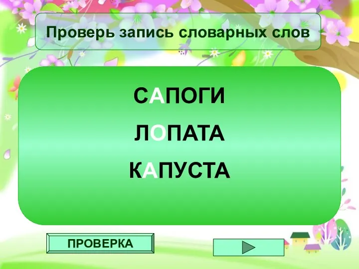 ПРОВЕРКА Проверь запись словарных слов САПОГИ ЛОПАТА КАПУСТА