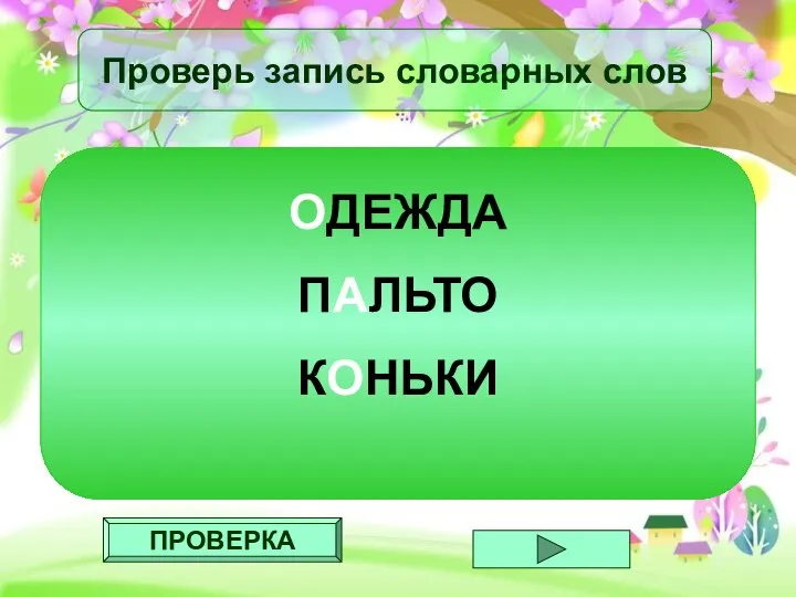 ПРОВЕРКА Проверь запись словарных слов ОДЕЖДА ПАЛЬТО КОНЬКИ