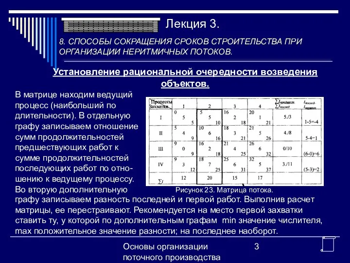 Основы организации поточного производства Установление рациональной очередности возведения объектов. В матрице