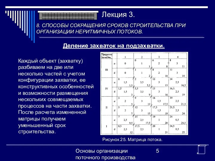 Основы организации поточного производства Деление захваток на подзахватки. Каждый объект (захватку)