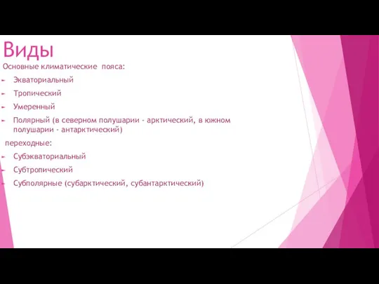 Виды Основные климатические пояса: Экваториальный Тропический Умеренный Полярный (в северном полушарии