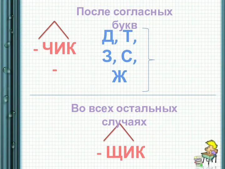 - ЧИК - - ЩИК - После согласных букв Д, Т,