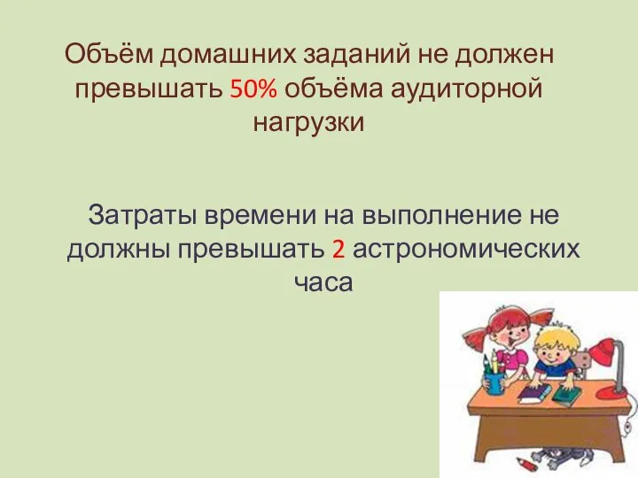 Объём домашних заданий не должен превышать 50% объёма аудиторной нагрузки Затраты