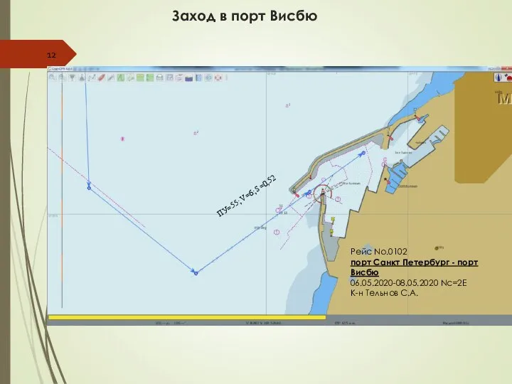 Заход в порт Висбю ПУ=55; V=6; S=0,52 Рейс No.0102 порт Санкт