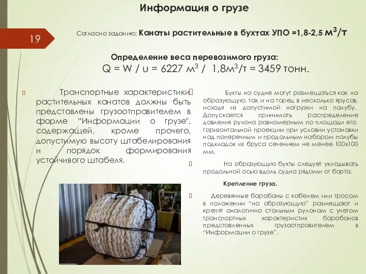 Информация о грузе Согласно заданию: Канаты растительные в бухтах УПО =1,8-2,5