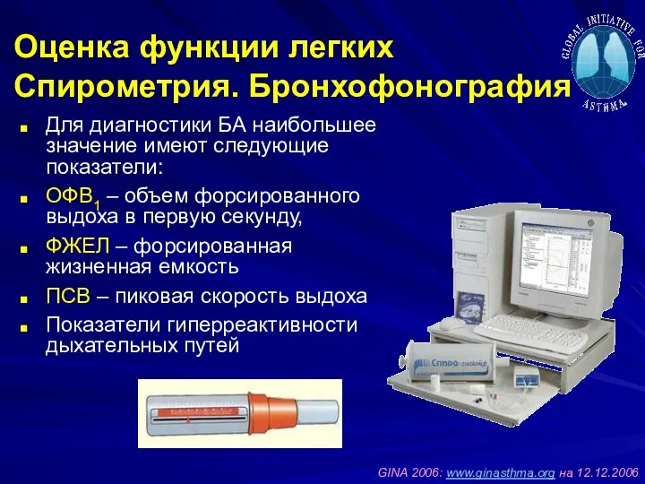 Для диагностики БА наибольшее значение имеют следующие показатели: ОФВ1 – объем