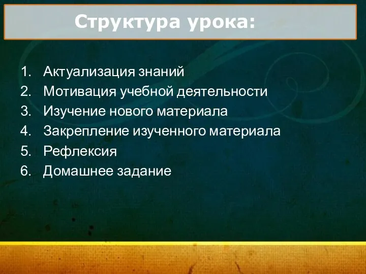 Актуализация знаний Мотивация учебной деятельности Изучение нового материала Закрепление изученного материала Рефлексия Домашнее задание Структура урока: