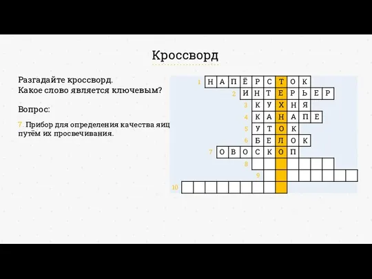 Кроссворд 7. Прибор для определения качества яиц путём их просвечивания. Вопрос: