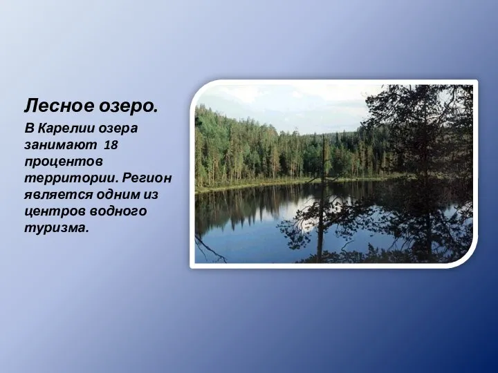 Лесное озеро. В Карелии озера занимают 18 процентов территории. Регион является одним из центров водного туризма.