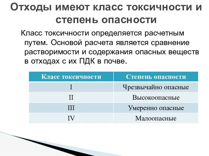 Отходы имеют класс токсичности и степень опасности Класс токсичности определяется расчетным