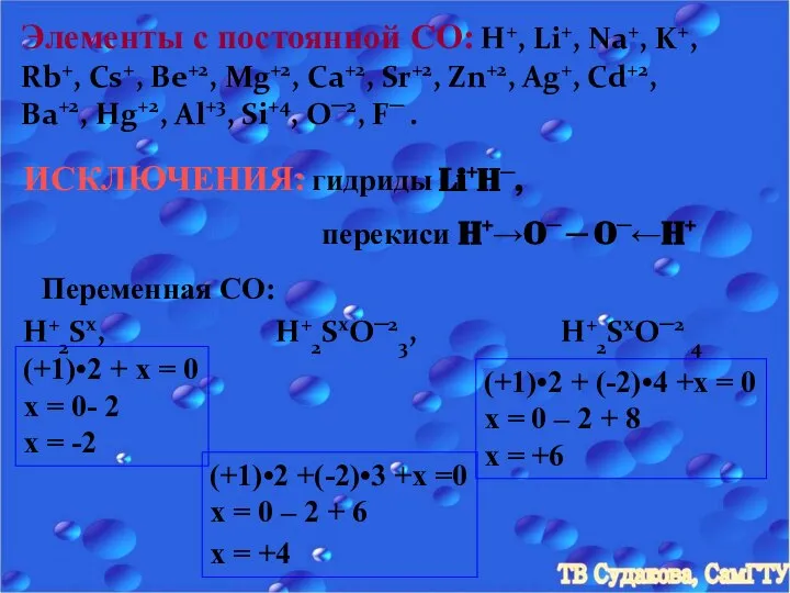 Элементы с постоянной СО: H+, Li+, Na+, K+, Rb+, Cs+, Be+2,