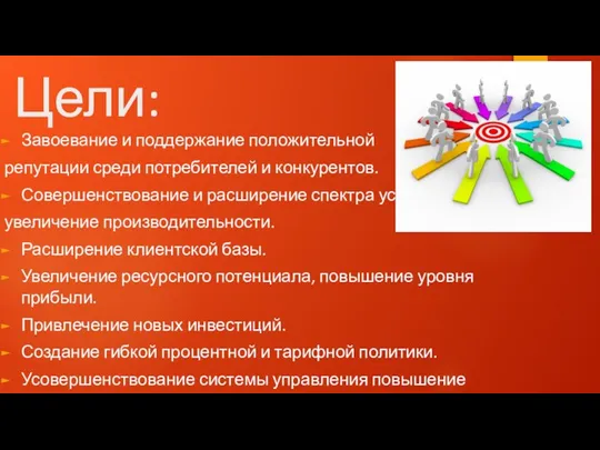 Цели: Завоевание и поддержание положительной репутации среди потребителей и конкурентов. Совершенствование