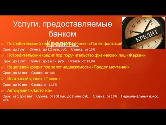 Услуги, предоставляемые банком Кредиты: Потребительский кредит без обеспечения «Полёт фантазий» Срок: