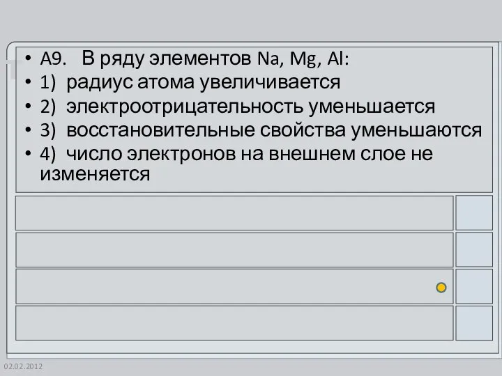 02.02.2012 A9. В ряду элементов Na, Mg, Al: 1) радиус атома